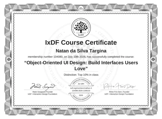 Certificado IxDF - Object-Oriented UI Design emitido para Natã da Silva Targina