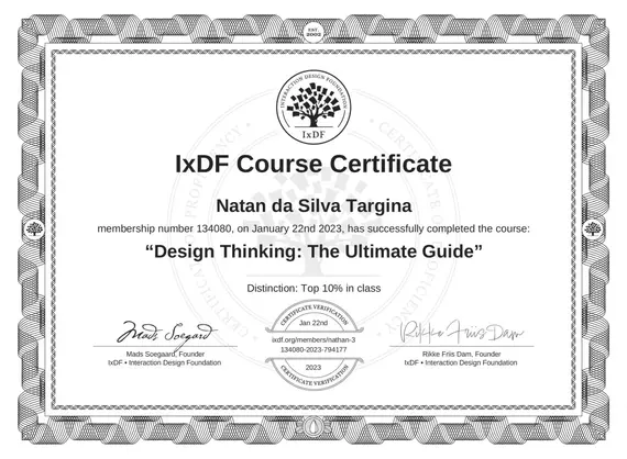 Certificado IxDF - Design Thinking: The Ultimate Guide emitido para Natã da Silva Targina