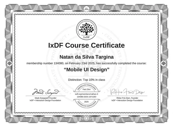 Certificado IxDF - Mobile UI Design Course emitido para Natã da Silva Targina