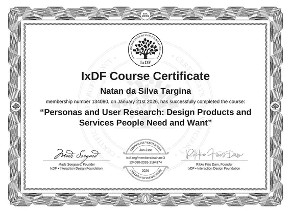 Certificado IxDF - Personas and User Research emitido para Natã da Silva Targina