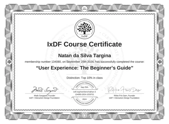 Certificado IxDF - User Experience: The Beginner's Guide emitido para Natã da Silva Targina