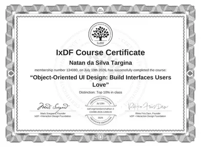 Certificado IxDF - Object-Oriented UI Design emitido para Natã da Silva Targina