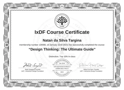Certificado IxDF - Design Thinking: The Ultimate Guide emitido para Natã da Silva Targina