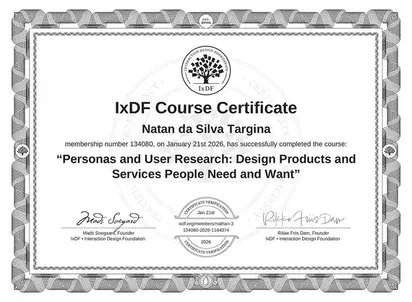 Certificado IxDF - Personas and User Research emitido para Natã da Silva Targina