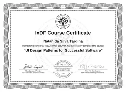 Certificado IxDF - UI Design Patterns for Successful Software emitido para Natã da Silva Targina