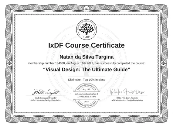 Certificado IxDF - Visual Design: The Ultimate Guide emitido para Natã da Silva Targina