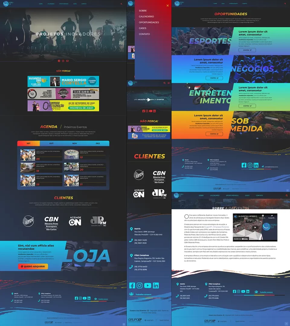 Printscreens site OA Eventos - várias páginas do projeto